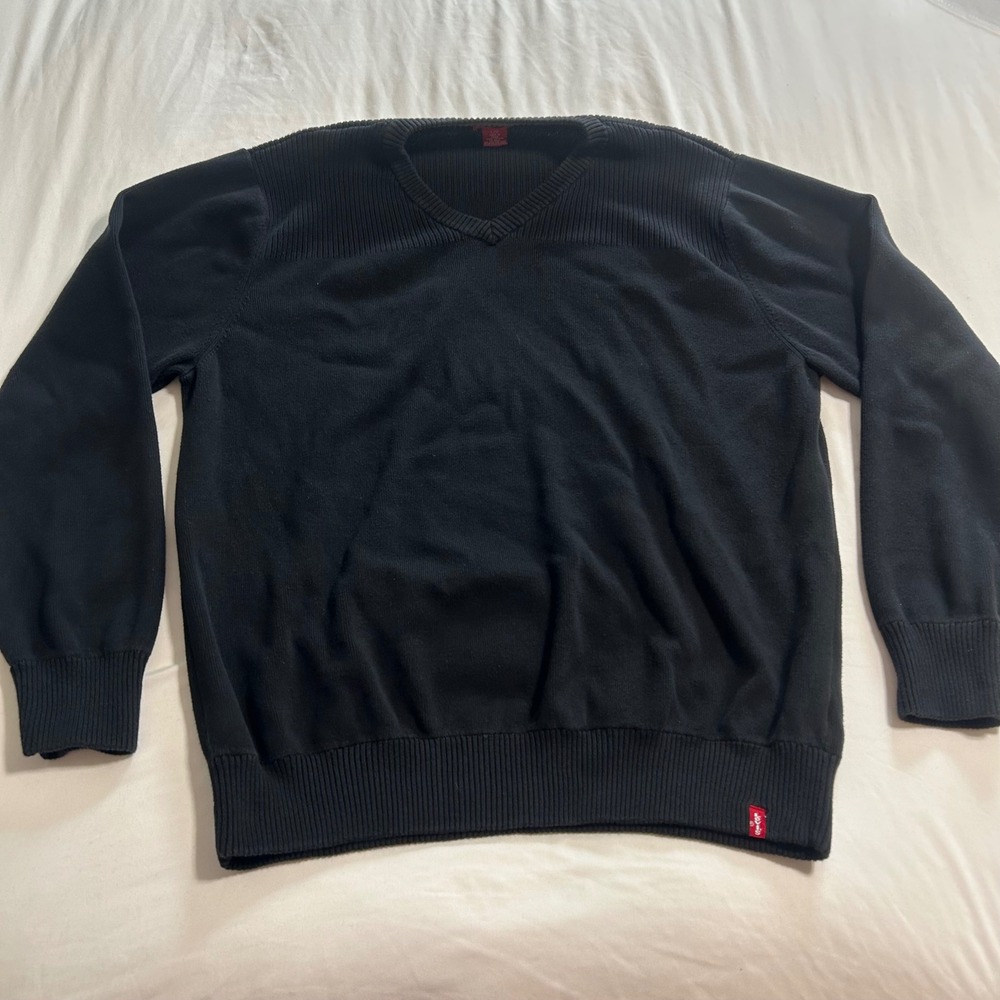 Levis Mens V-Neck Cotton Knit Pullover Sweater Black Large RN 15610